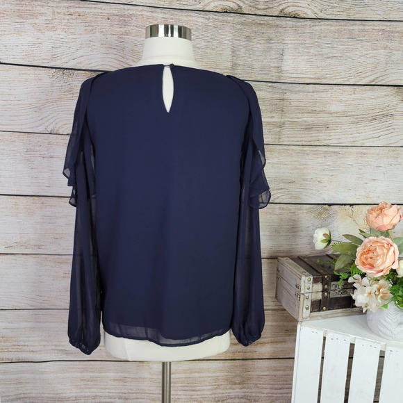 3/$25 Lucca Couture Women's Long Sleeve Slit Shoulder Ruffle Top Navy Small - Picture 3 of 8